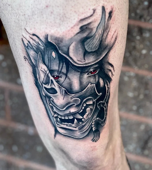 Medium Black and Grey Oni Mask on Men Leg Tattoo by @artbyacosta