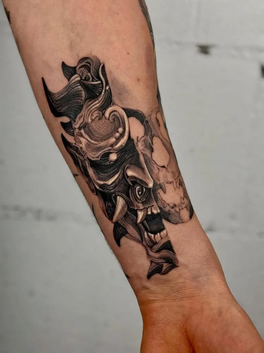 Medium Black and Grey Oni Mask with Skull on Men Arm Tattoo by @_luciddelusion_