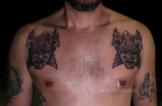 Medium Black and Grey Oni Masks with Flowers on Men Chest Tattoo by @byhectorsalas