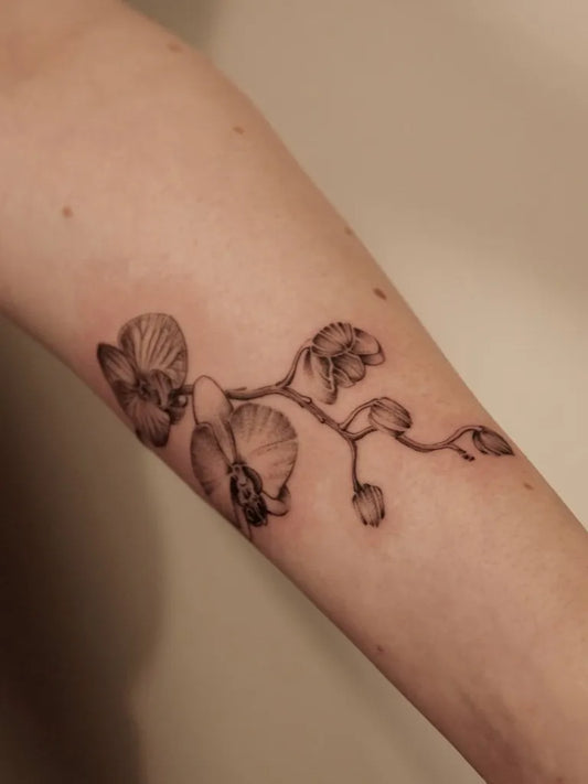 Medium Black and Grey Orchid Flower Tattoo on Women Arm by @mas_tattoos_