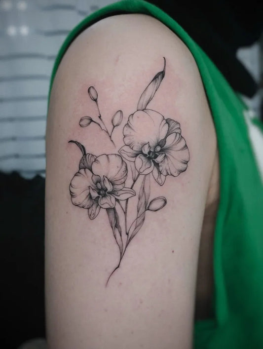 Medium Black and Grey Orchid Flowers Tattoo on Women Shoulder by @alice.in.ink