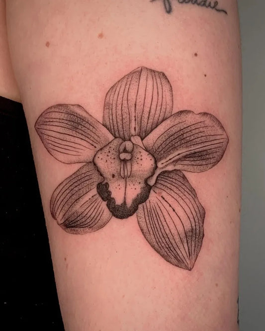 Medium Black and Grey Orchid Tattoo on Women Arm by @char_tattoo