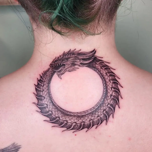 Medium Black and Grey Ouroboros Tattoo on Women Neck by @tiffany.fox.tattoo