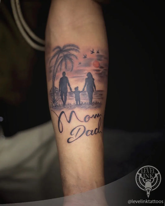 Medium Black and Grey Palm Tree Sunset Silhouettes Family Tattoo on Men Arm by @levelinktattoos