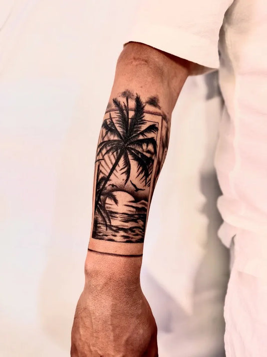 Medium Black and Grey Palm Tree Sunset Tattoo on Men Arm by @tattoo_space_batumi