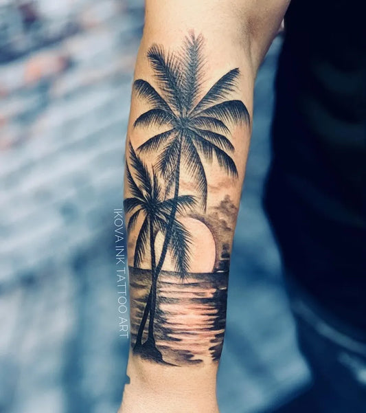 Medium Black and Grey Palm Tree Sunset Tattoo on Women Arm by @ikova_ink