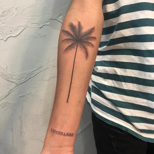 Medium Black and Grey Palm Tree Tattoo on Men Forearm by @jmunztattoos