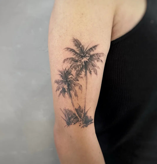 Medium Black and Grey Palm Trees Tattoo on Women Arm by @meng_cz