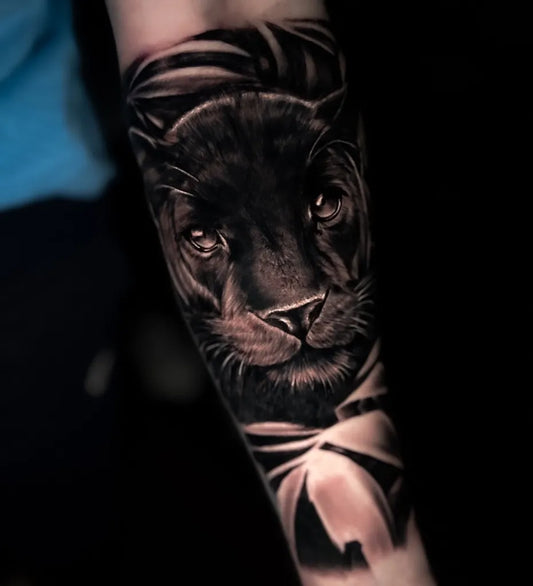 Medium Black and Grey Panther Tattoo on Men Arm by @georibeirostudio