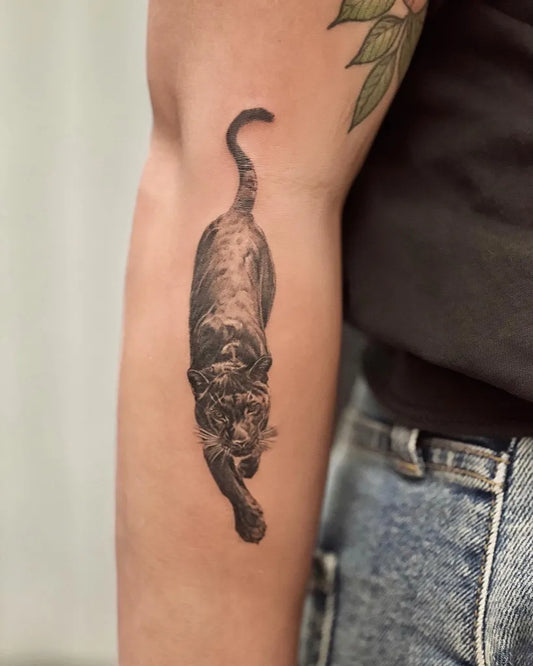 Medium Black and Grey Panther Tattoo on Women Arm by @d.w._modoink