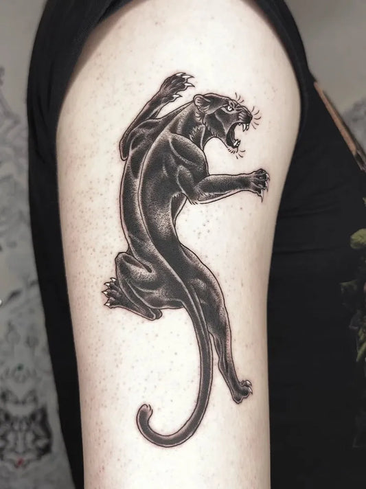 Medium Black and Grey Panther Tattoo on Women Shoulder by @mahlattu