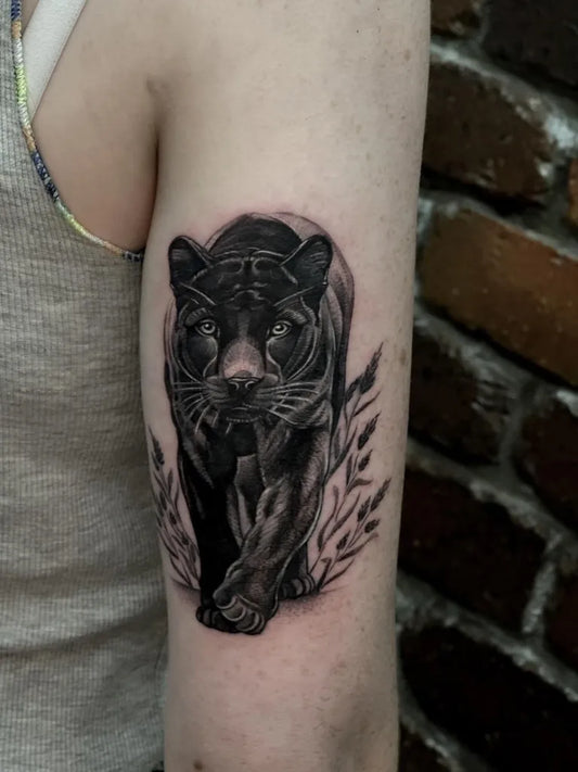 Medium Black and Grey Panther with Grass Tattoo on Women Arm by @alexandyrvalentine