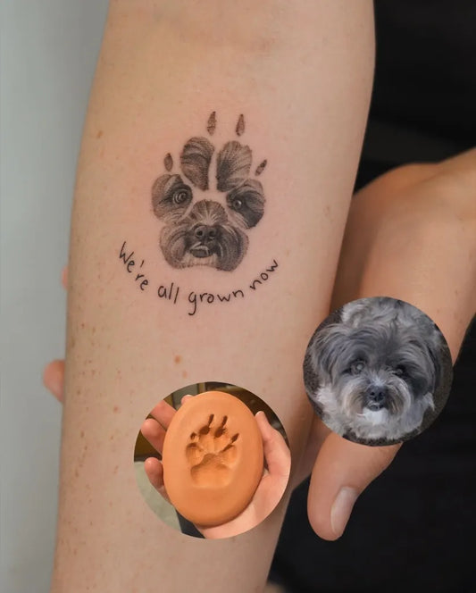Medium Black and Grey Paw Print and Text Tattoo on Women Arm by @jennyli_tattoo