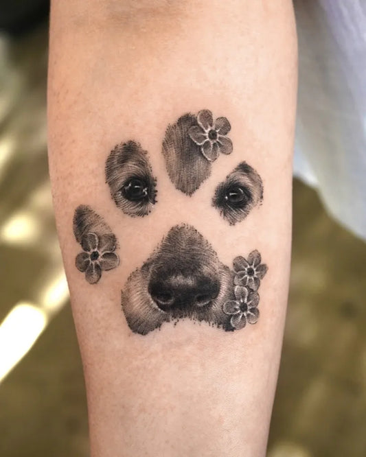 Medium Black and Grey Paw Print with Dog Face and Flowers Tattoo on Women Forearm by @tattooist_kimria