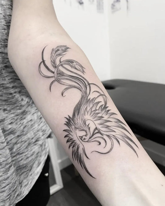 Medium Black and Grey Peacock Tattoo on Women Arm by @tattootibet