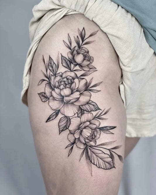 Medium Black and Grey Peonies Tattoo on Women Hip by @linesbydiana
