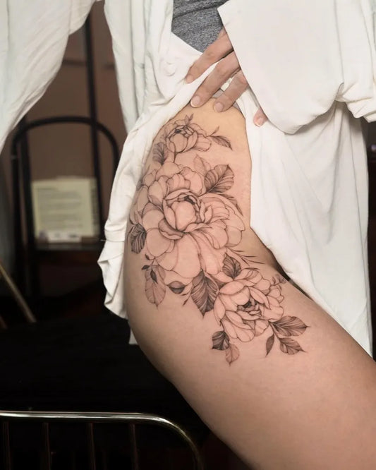 Medium Black and Grey Peonies Tattoo on Women Hip by @seltatts