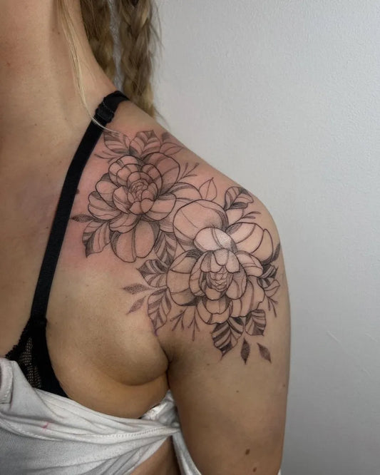 Medium Black and Grey Peonies Tattoo on Women Shoulder by @lucybethantattoos