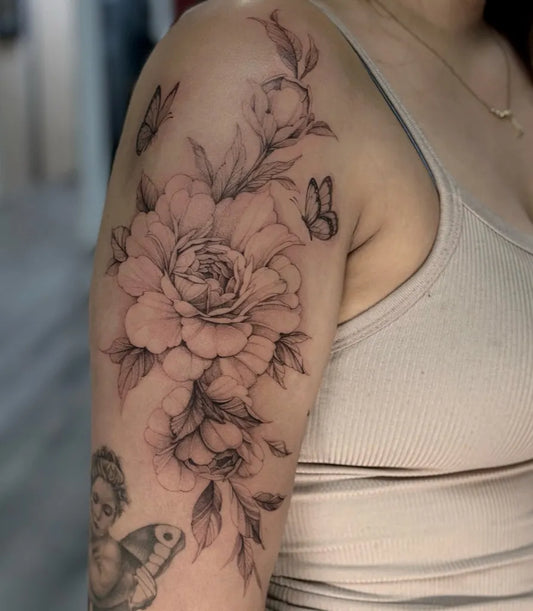 Medium Black and Grey Peony Butterflies Leaves on Women Arm Tattoo by @yan_bahlai