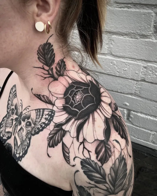 Medium Black and Grey Peony Butterfly and Leaves on Women Shoulder Tattoo by @corn.on.the.jacob