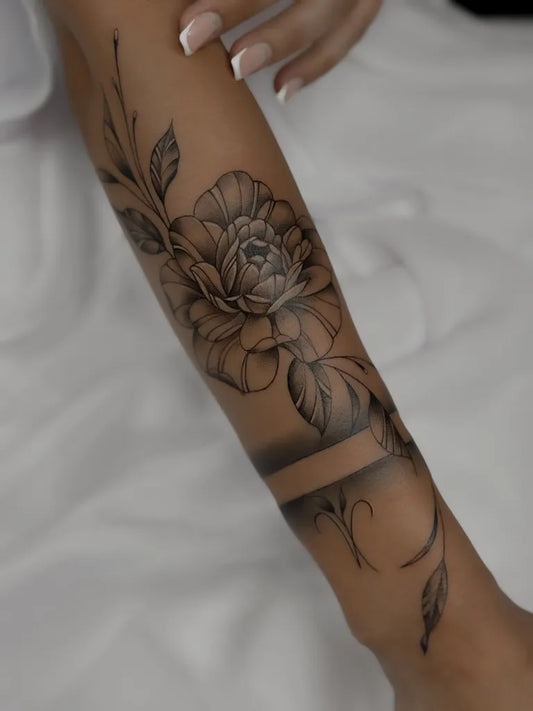 Medium Black and Grey Peony Flower and Leaves on Women Arm Tattoo by @tattoobyregino