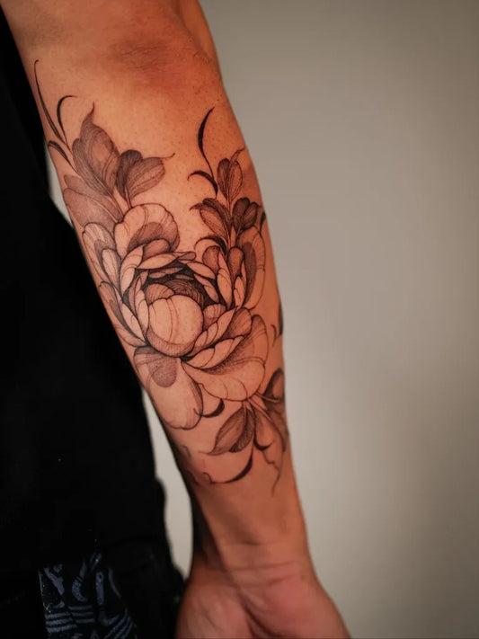 Medium Black and Grey Peony Flower on Men Arm Tattoo by @lorietattoos
