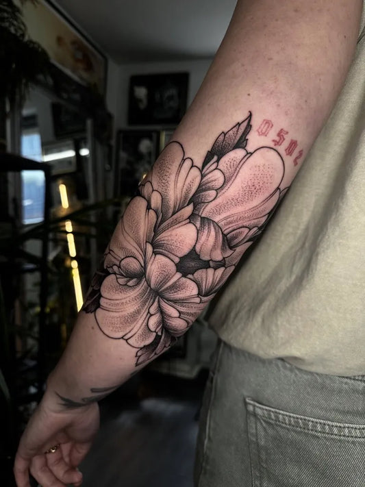 Medium Black and Grey Peony Flower on Women Arm Tattoo by @vitali.tattoos