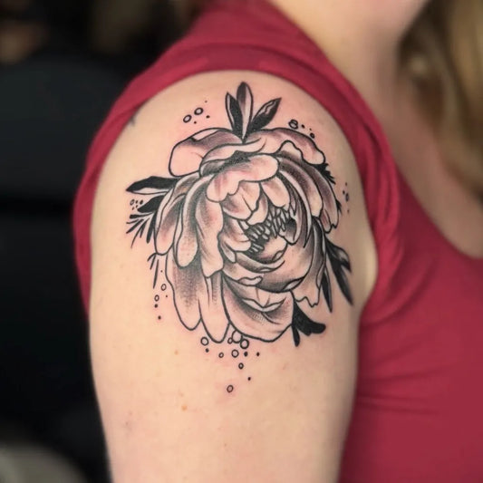 Medium Black and Grey Peony Flower on Women Shoulder Tattoo by @burnedheartstattoos