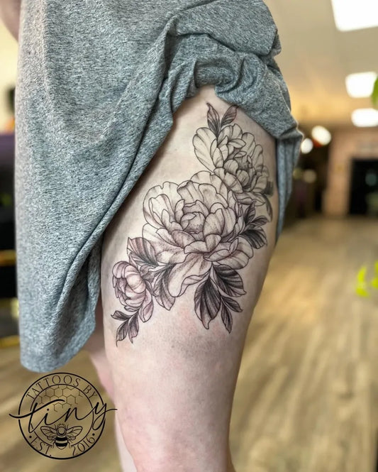 Medium Black and Grey Peony Flowers Tattoo on Women Hip by @tattoos_by_tiny