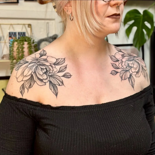 Medium Black and Grey Peony Flowers Tattoo on Women Shoulder by @tattsby