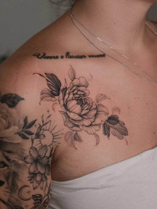 Medium Black and Grey Peony Flowers and Sun on Women Shoulder Tattoo by @ricardogtattoo