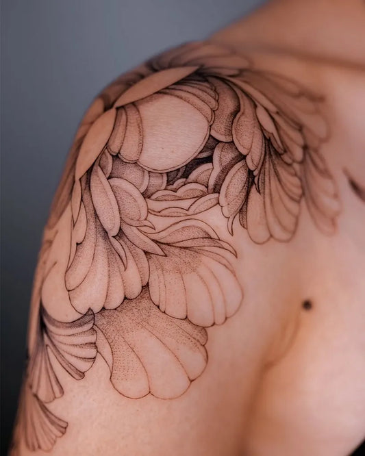 Medium Black and Grey Peony Flowers on Men Shoulder Tattoo by @estherinkflower