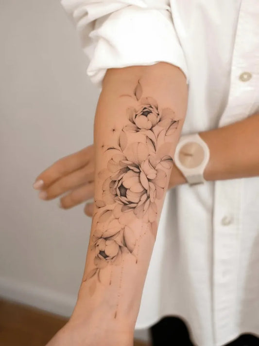 Medium Black and Grey Peony Flowers on Women Arm Tattoo by @karinamadz.tattoo