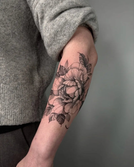 Medium Black and Grey Peony Flowers on Women Arm Tattoo by @marisatattooartist