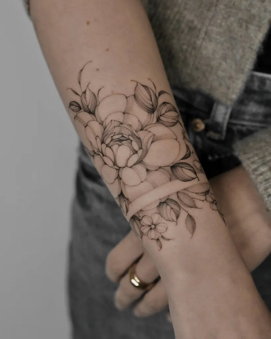 Medium Black and Grey Peony Flowers on Women Forearm Tattoo by @asya.tattoo