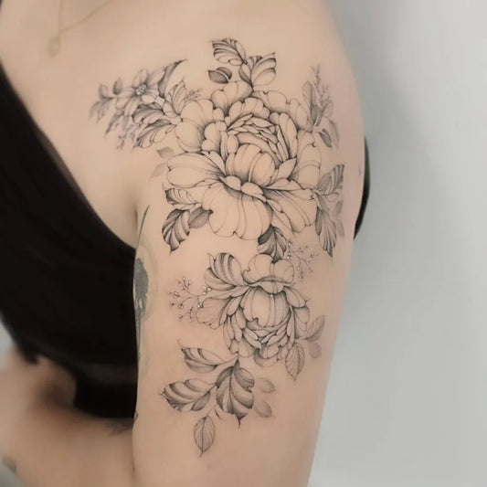 Medium Black and Grey Peony Flowers on Women Shoulder Tattoo by @inkspirationbb