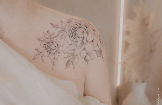 Medium Black and Grey Peony Flowers on Women Shoulder Tattoo by @modelajna
