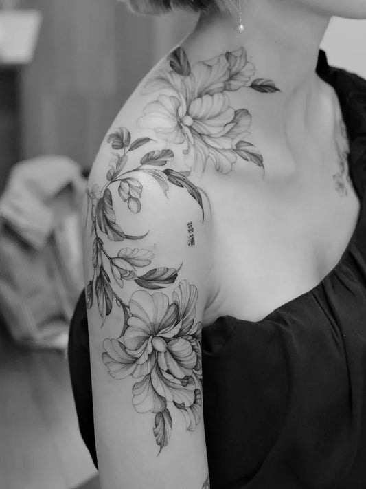 Medium Black and Grey Peony Flowers on Women Shoulder Tattoo by @tommymichel.tattoo