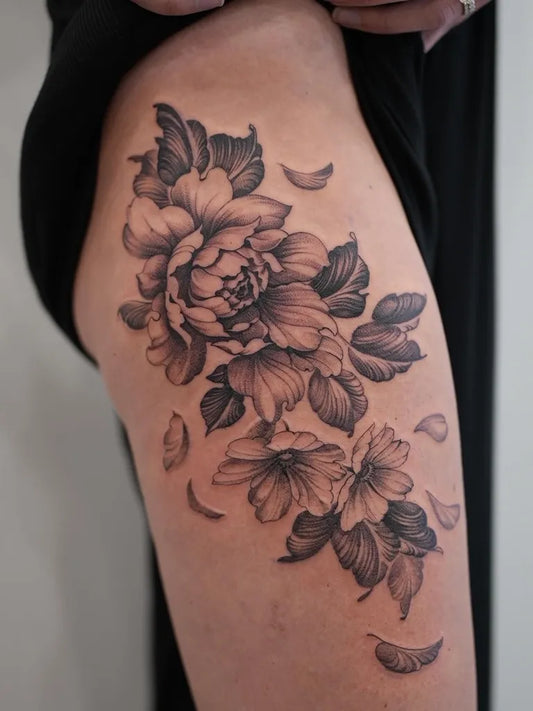 Medium Black and Grey Peony Flowers on Women Thigh Tattoo by @nicholson_tattoos
