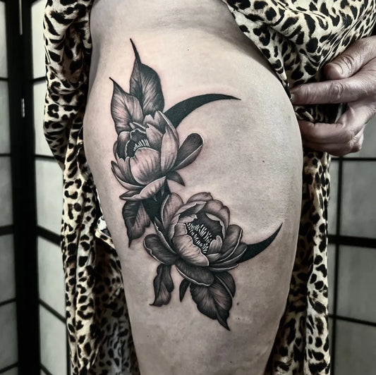 Medium Black and Grey Peony Moon Tattoo on Women Thigh by @xoe_tattooer