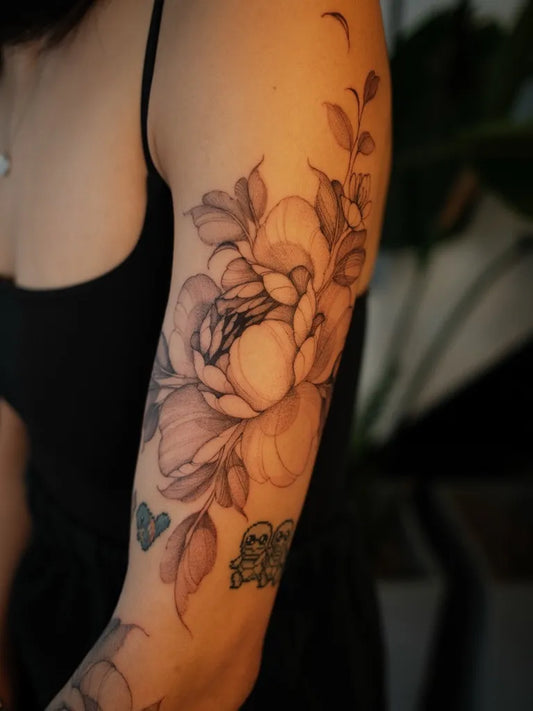 Medium Black and Grey Peony and Butterfly on Women Arm Tattoo by @lorietattoos