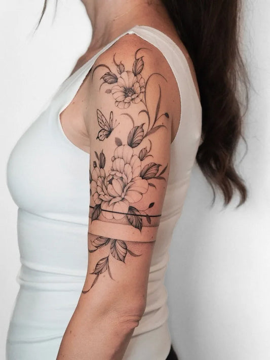 Medium Black and Grey Peony and Butterfly on Women Arm Tattoo by @natalia_musiol