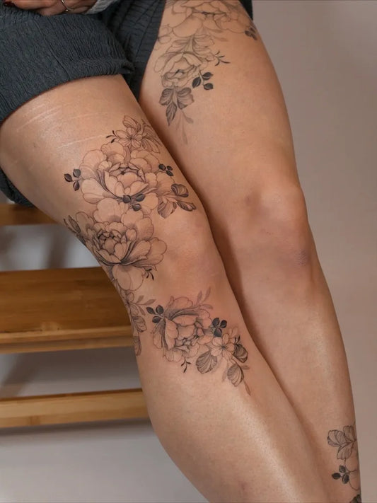 Medium Black and Grey Peony and Floral Women Leg Tattoo by @hobojacktattoo