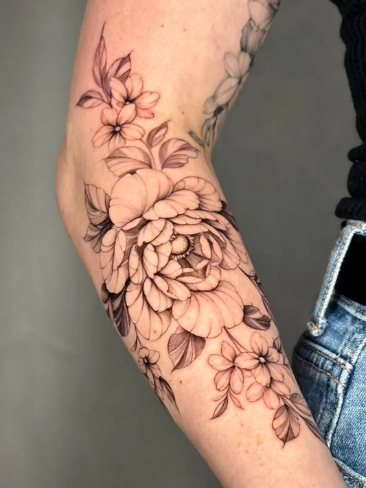 Medium Black and Grey Peony and Flowers on Women Arm Tattoo by @melnik_tattoo