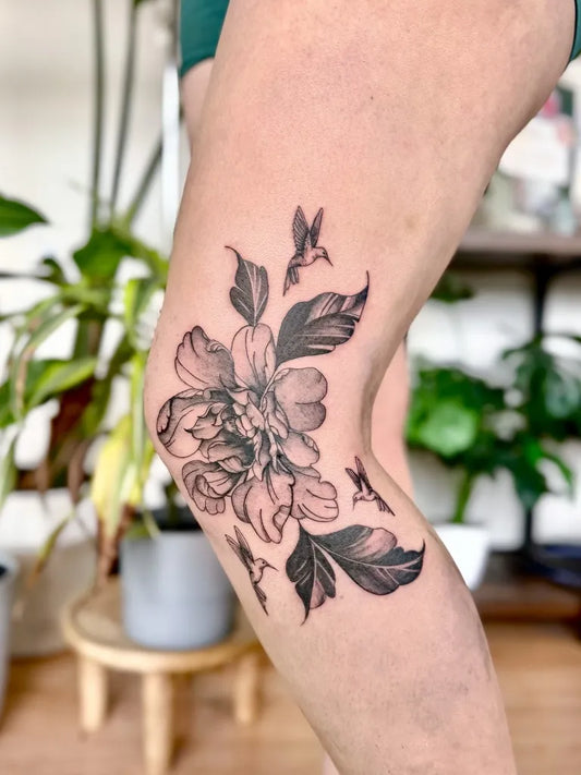 Medium Black and Grey Peony and Hummingbirds Tattoo on Women Knee by @dontsleepvincci