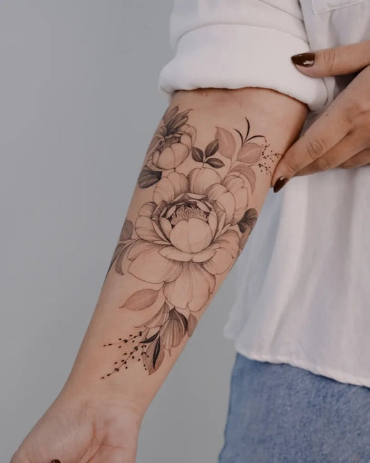 Medium Black and Grey Peony and Leaves on Women Arm Tattoo by @alanhartt