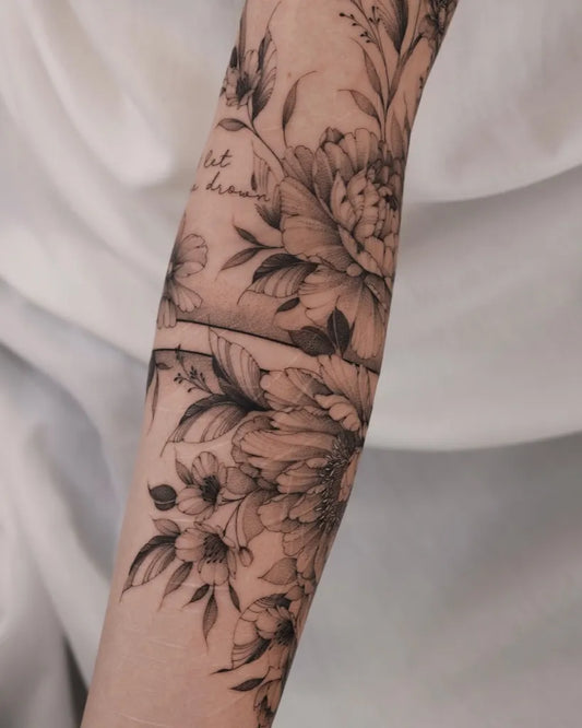 Medium Black and Grey Peony and Leaves on Women Arm Tattoo by @black.peony.ink