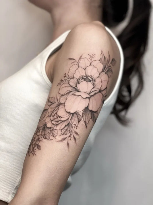 Medium Black and Grey Peony and Leaves on Women Arm Tattoo by @jasminwalshtattoo
