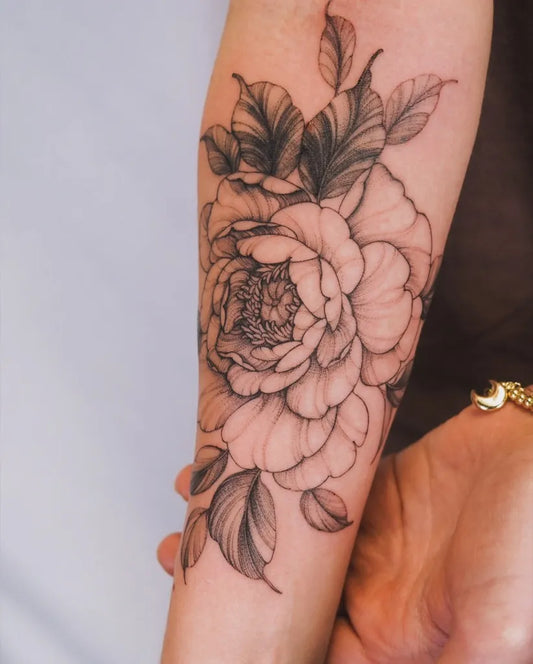 Medium Black and Grey Peony and Leaves on Women Arm Tattoo by @jennyli_tattoo