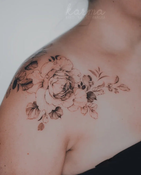Medium Black and Grey Peony and Leaves on Women Shoulder Tattoo by @karolinaszymanska_tattoo